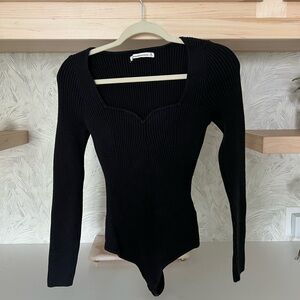 Black Long Sleeve Ribbed sweater material bodysuit